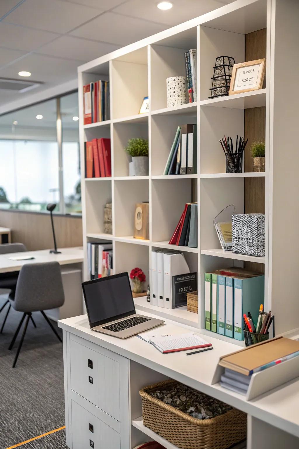 An integrated desk and bookshelf for a seamless home office.