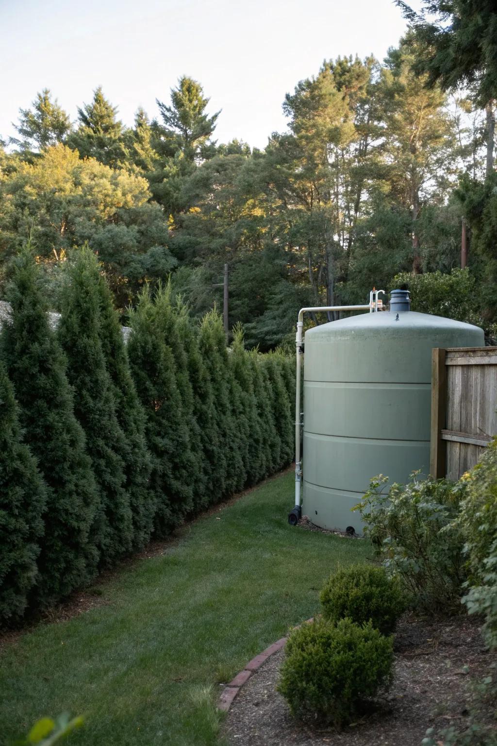 An oil tank skillfully hidden by lush evergreen shrubs.