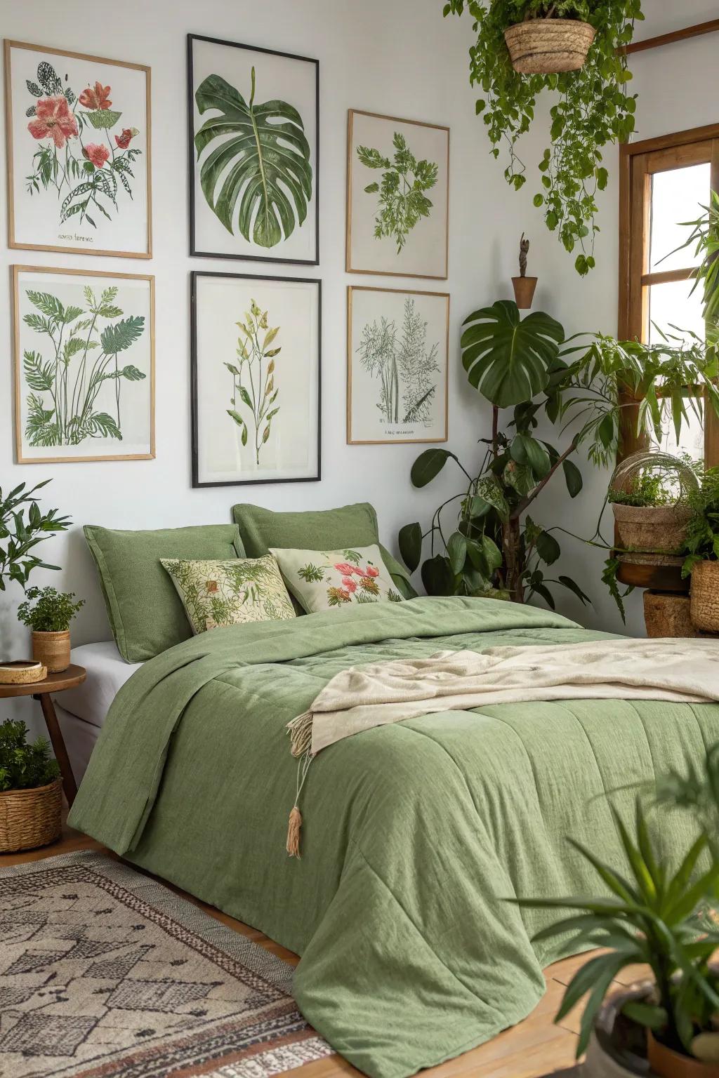 Botanical elements complement the earthy tones of olive green bedding.