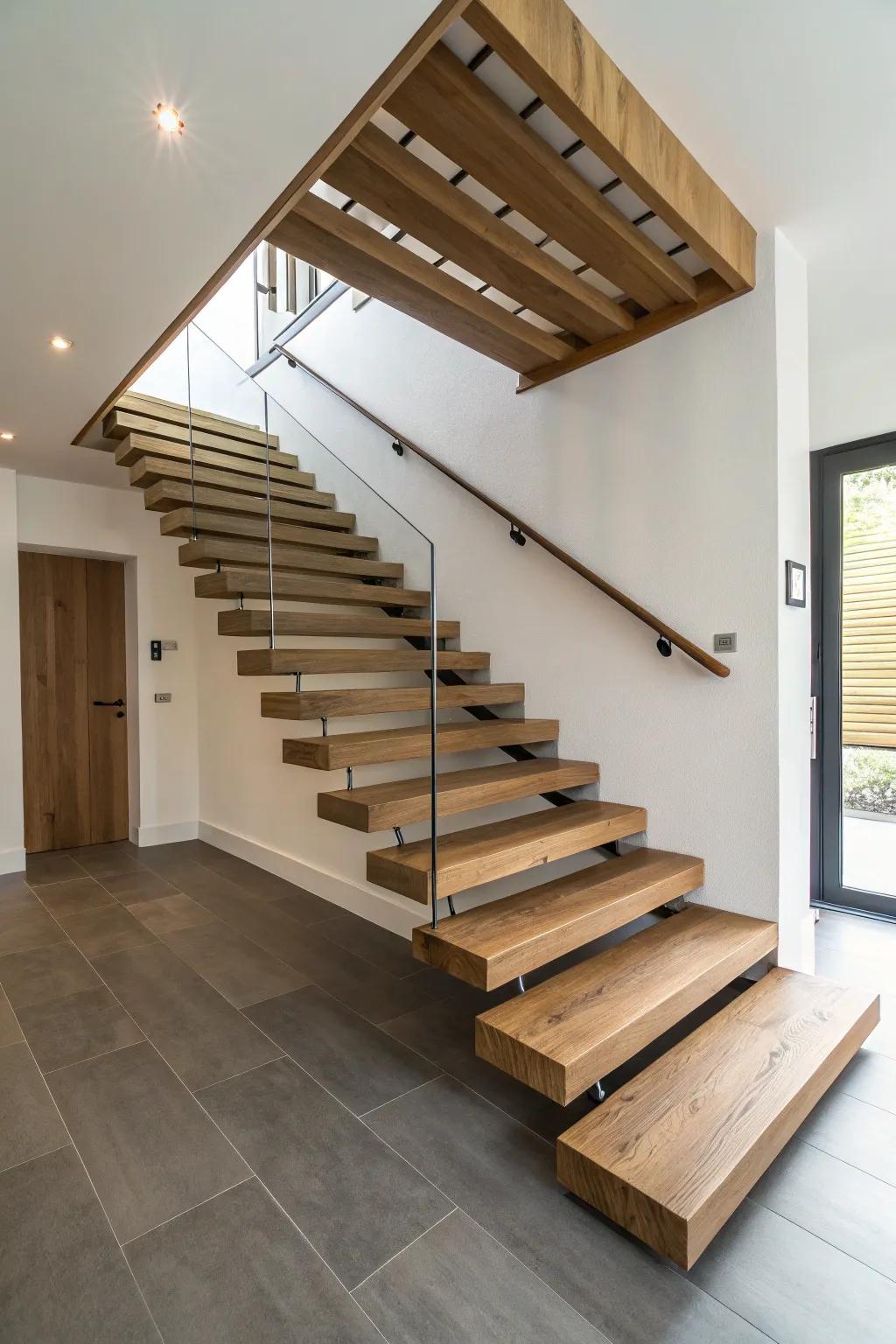 Floating stairs with timber steps evoke a polished and modern impression.
