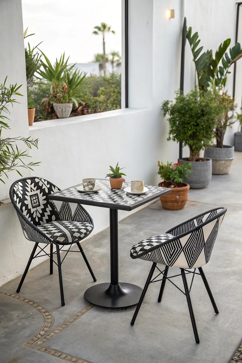 Modern chic meets outdoor comfort with geometric patterns.