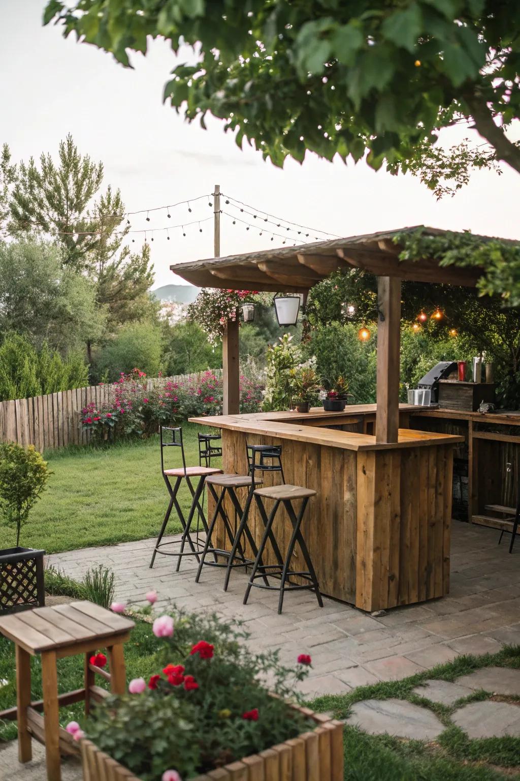 A warm, rustic wooden coffee bar perfect for outdoor gatherings.