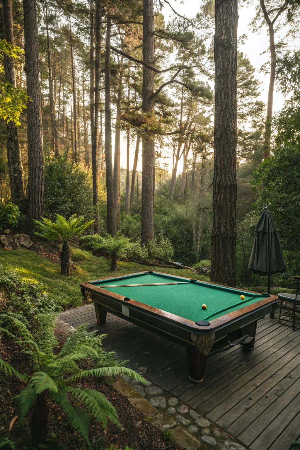 A billiards table nestled within a verdant backyard, crafting a serene, nature-inspired scene.