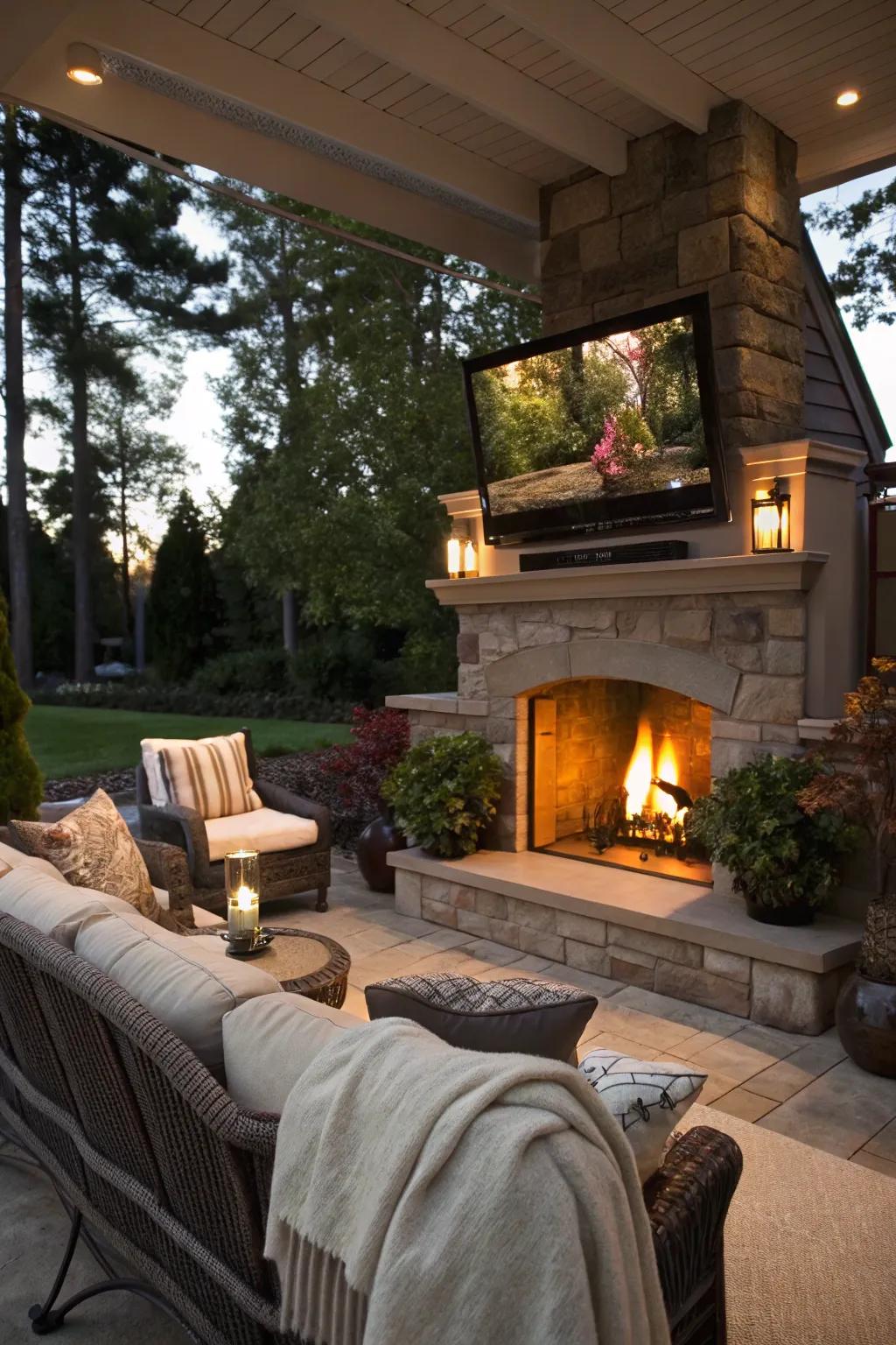 A TV above the fireplace turns any evening into a cozy outdoor retreat.