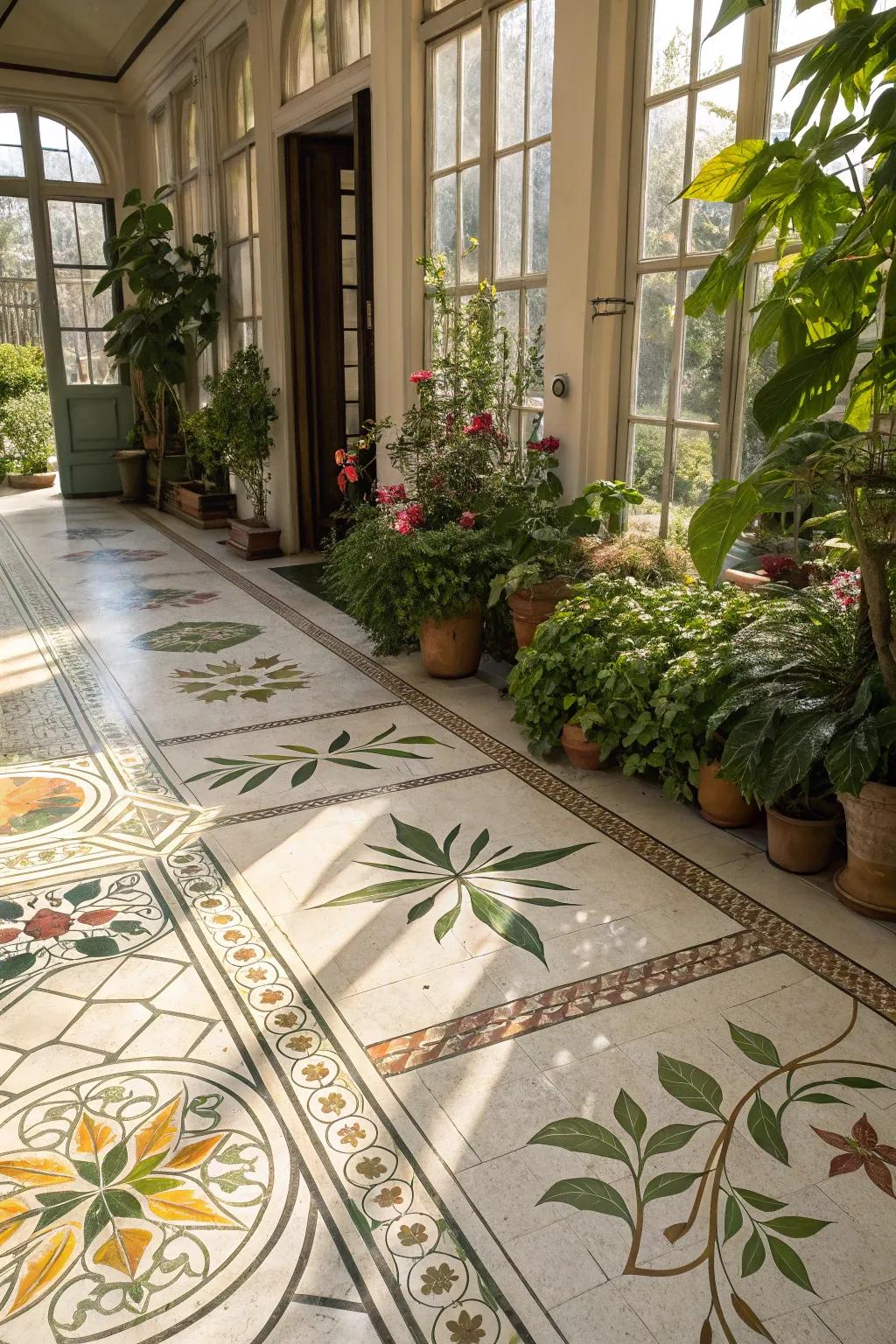 A sunlit room with floors adorned with nature-inspired patterns, enhancing the space's serenity and elegance.