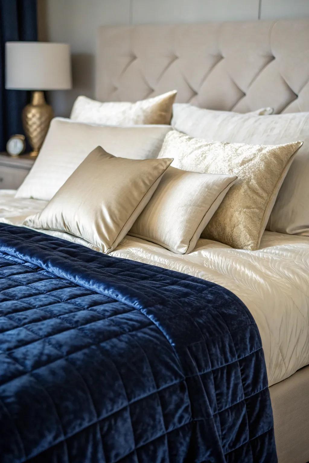 Luxurious textures in bedding create an inviting atmosphere.