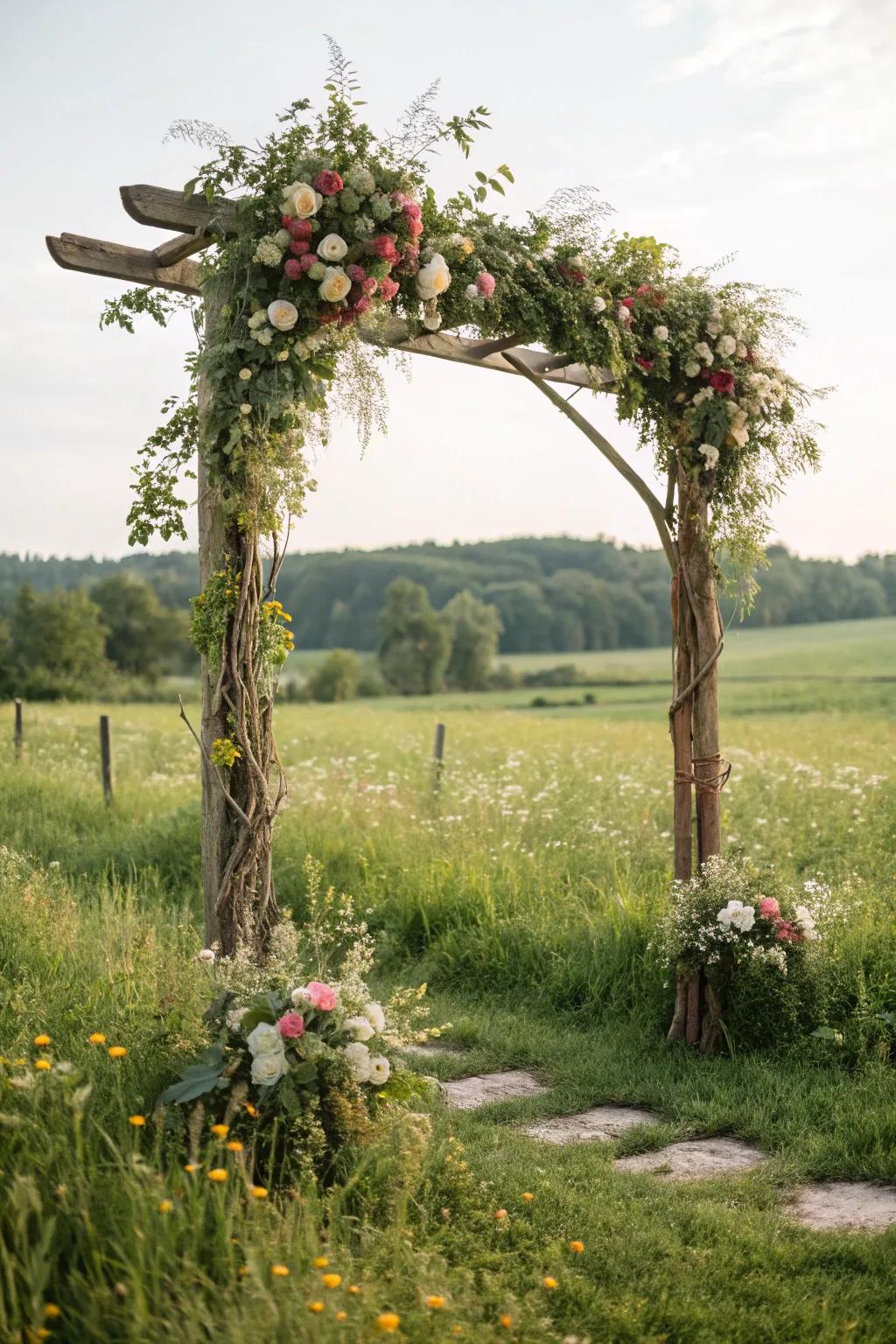 A rustic archway adorned with greenery and flowers.