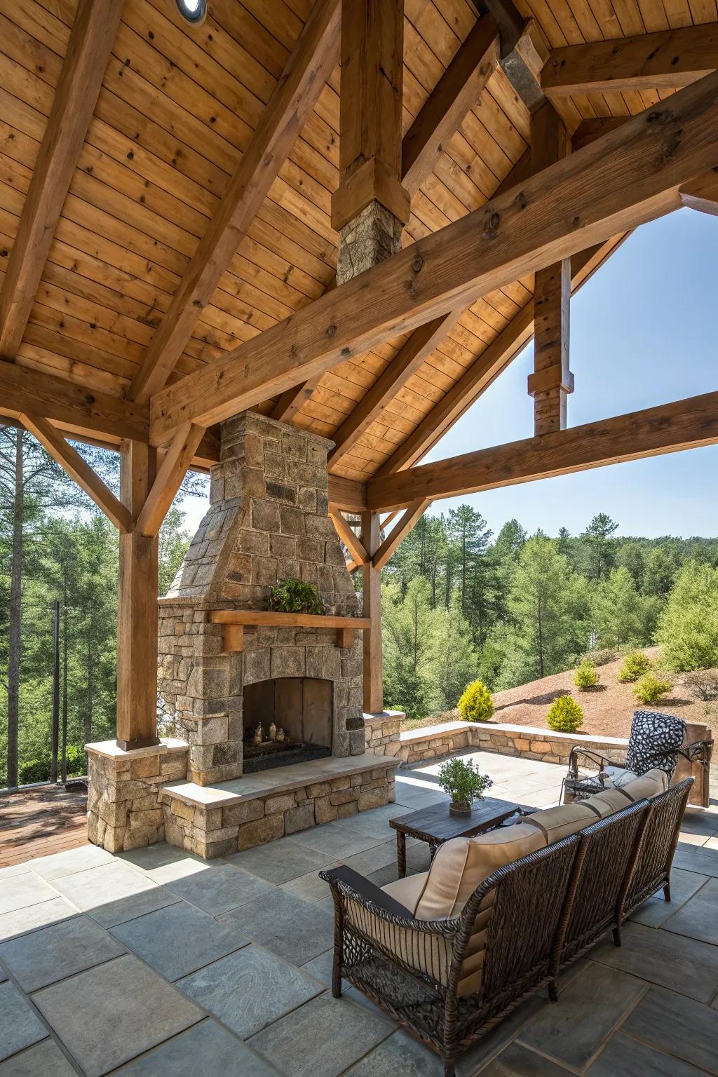 Rustic log cabin styling offers a cozy retreat for your patio.