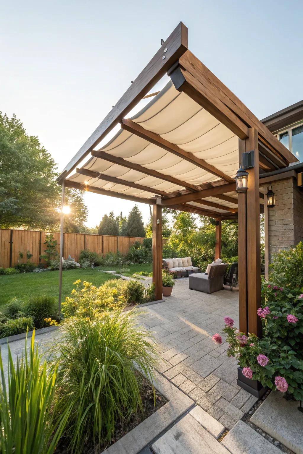 A pergola with a retractable roof provides flexible shade in a sunny backyard.