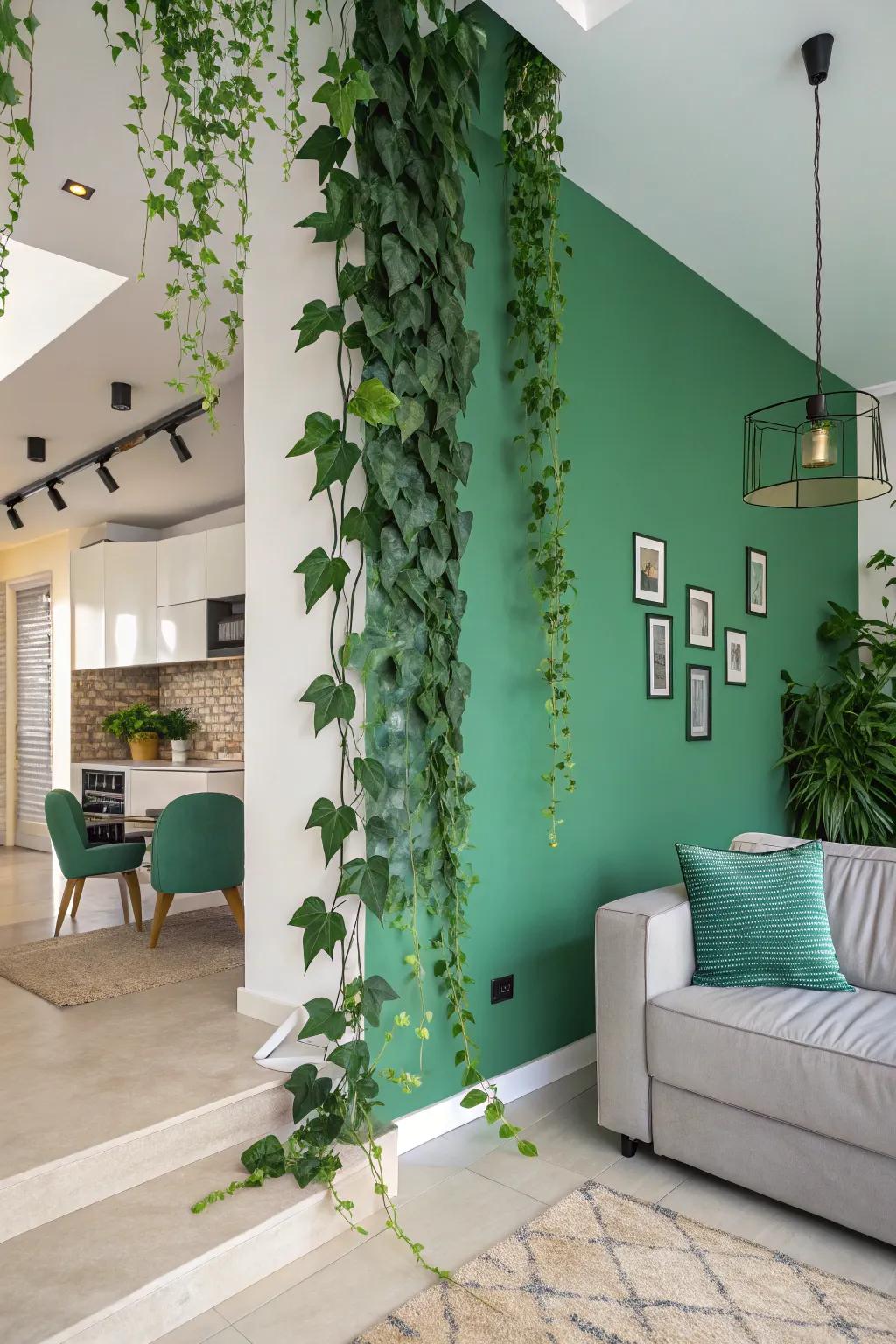 A green wall with cascading faux vines and leaves, adding a refreshing touch to any space.