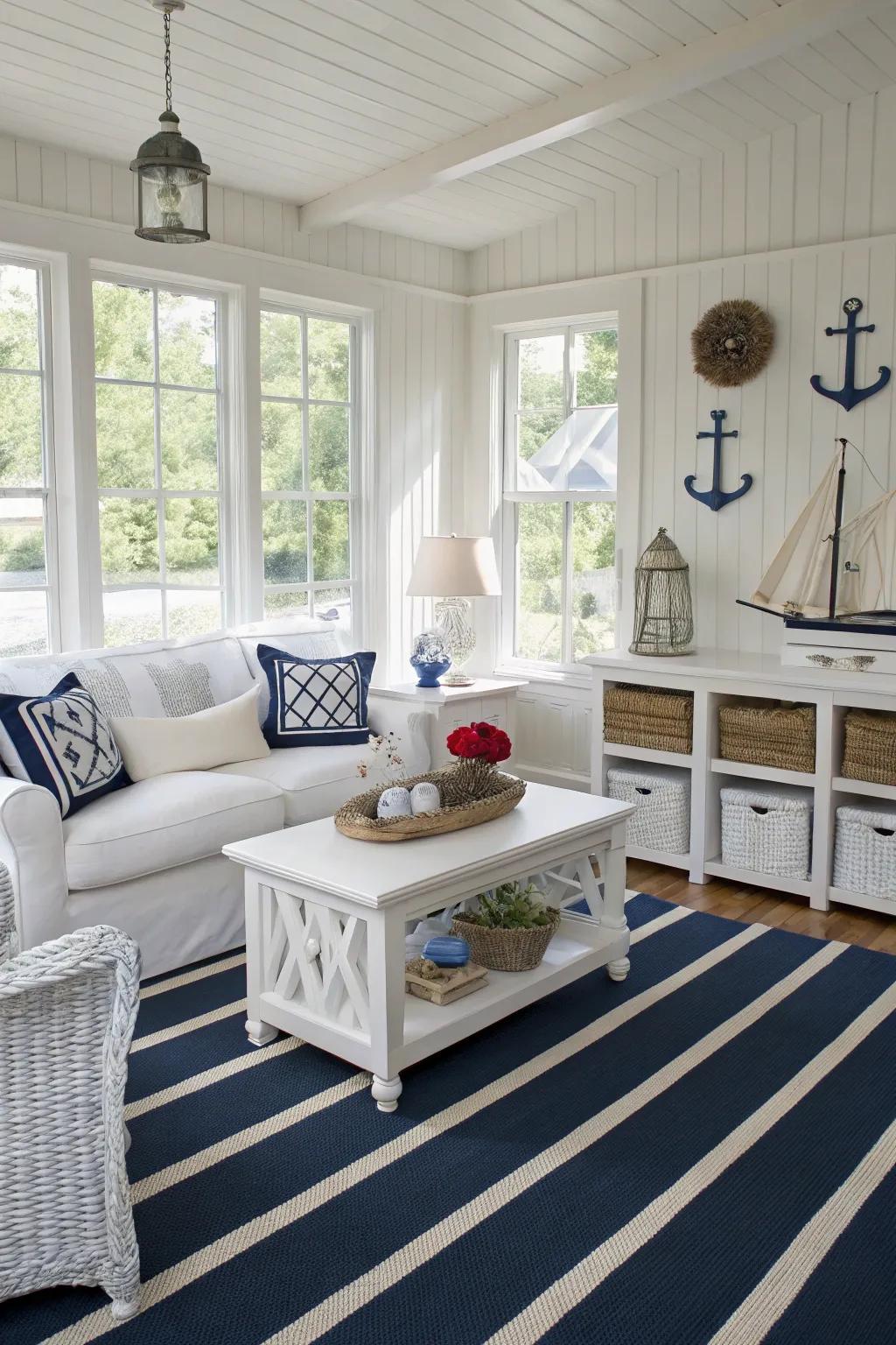 Navy stripes add a nautical flair to this inviting living room.