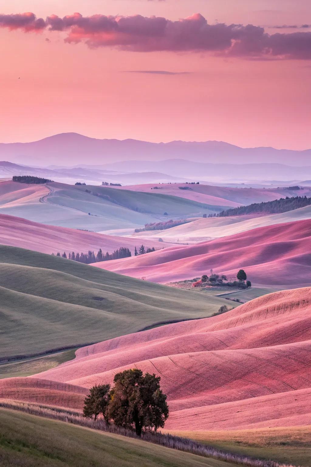 Dreamy landscape painting with blush-toned hills.