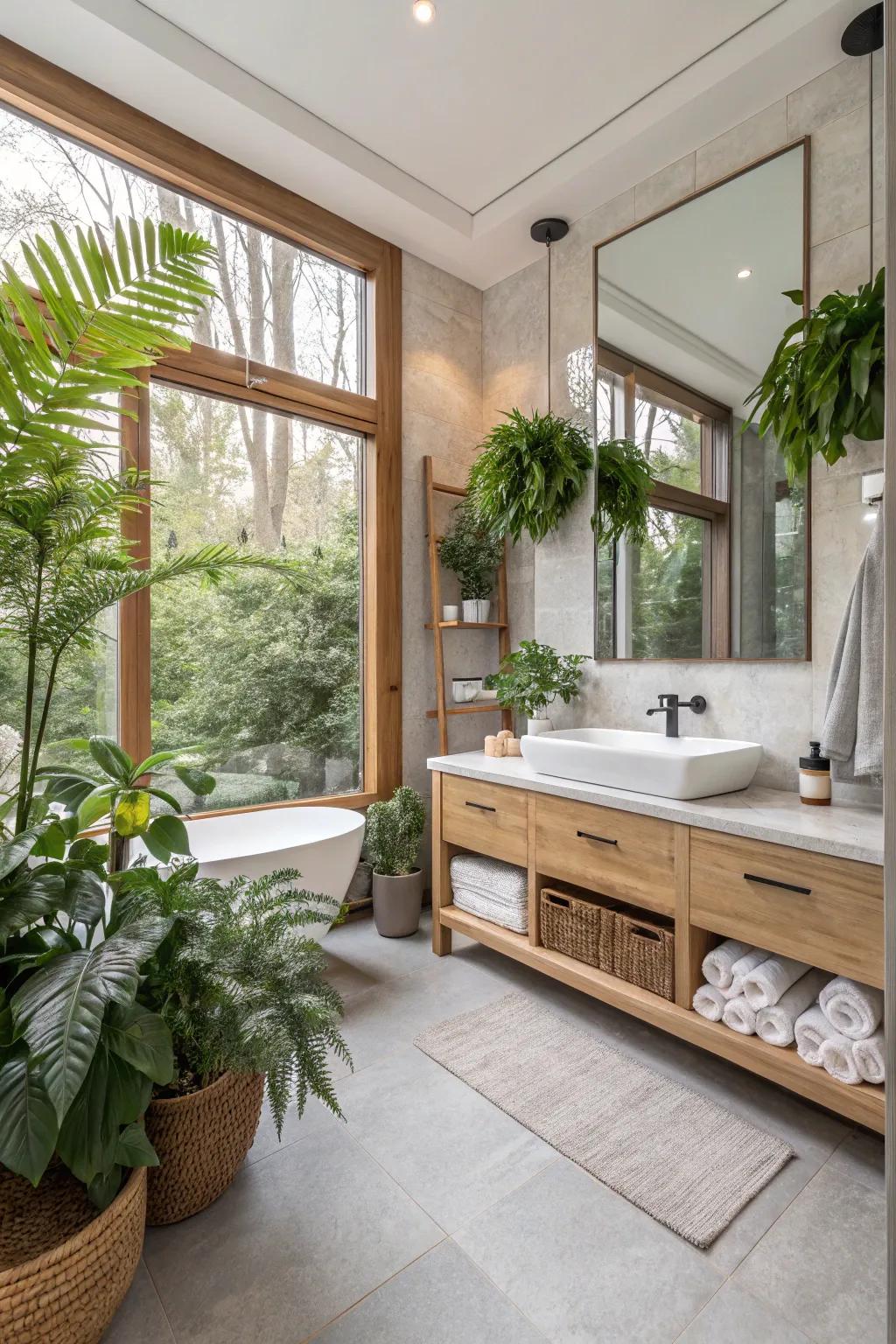 Indoor greenery adds a fresh and lively touch to bathrooms.