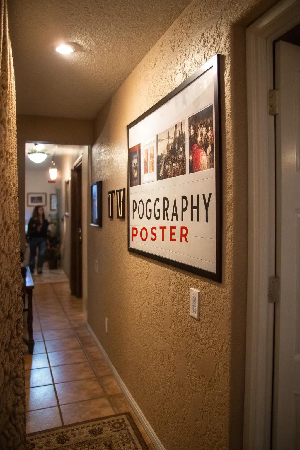 A typography poster with bold fonts creating an artistic statement in a cozy hallway.