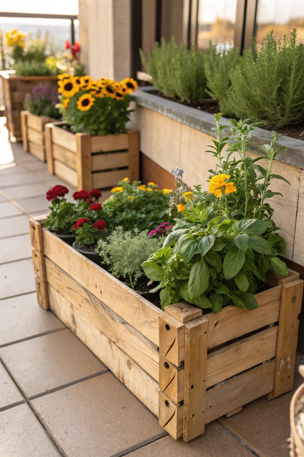 Add rustic charm with wooden crate planters.