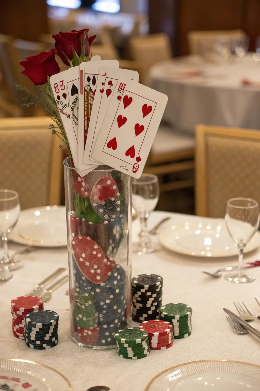 A creative centerpiece that keeps the poker theme front and center.