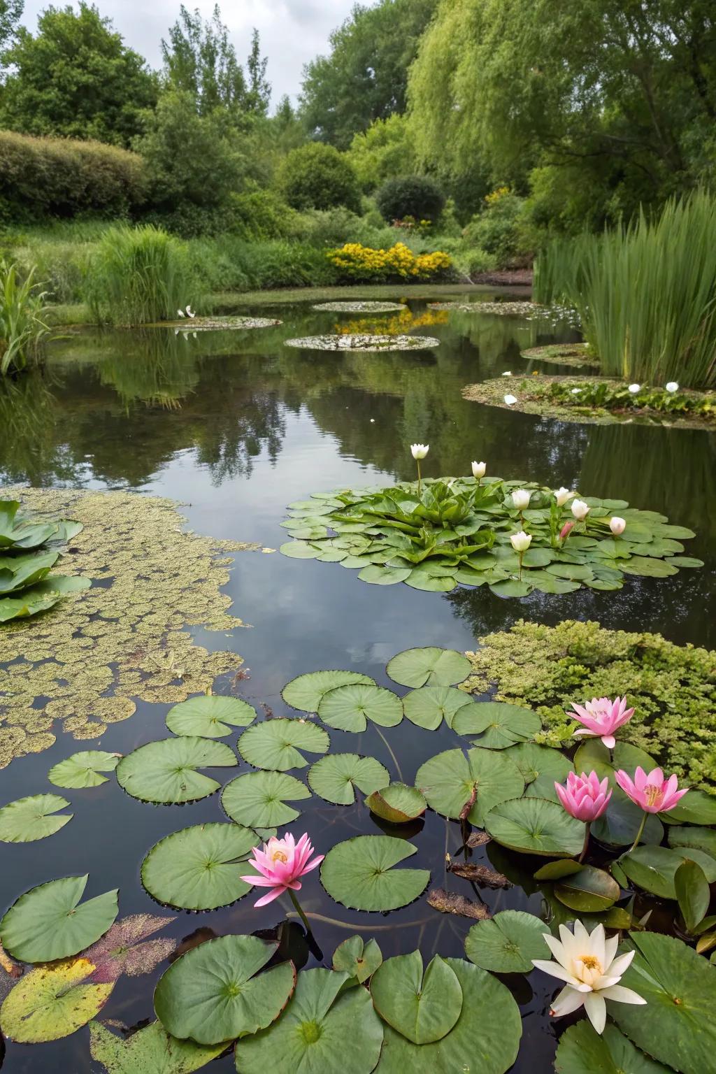 A vibrant pond brimming with various aquatic plants.