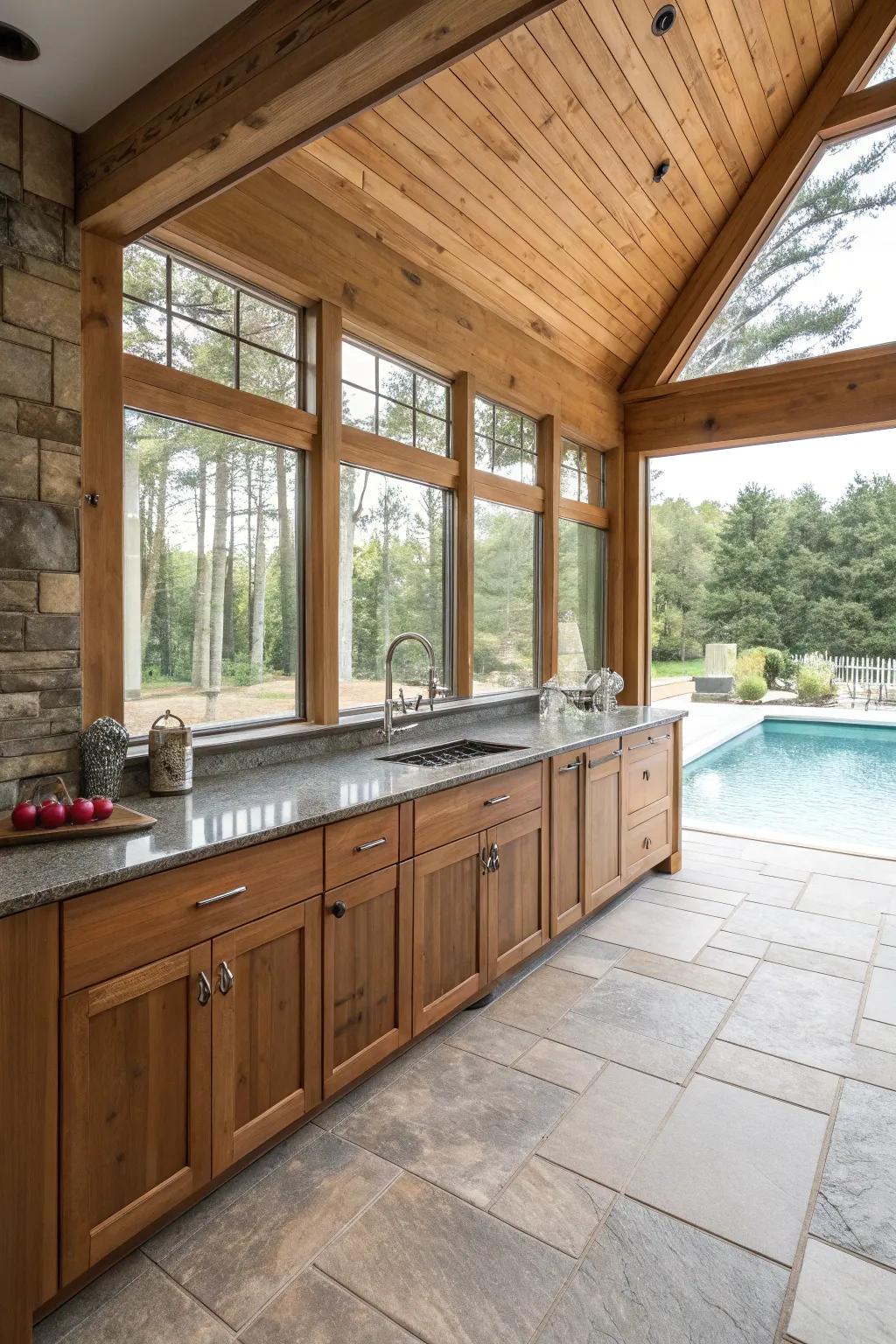 Using natural materials to bring a warm feel to a pool house kitchen.