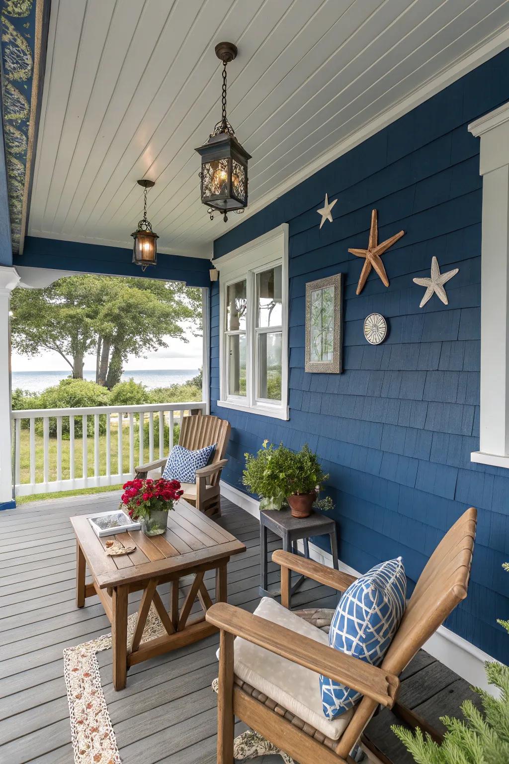 A calming blue porch that invites relaxation and a touch of seaside charm.