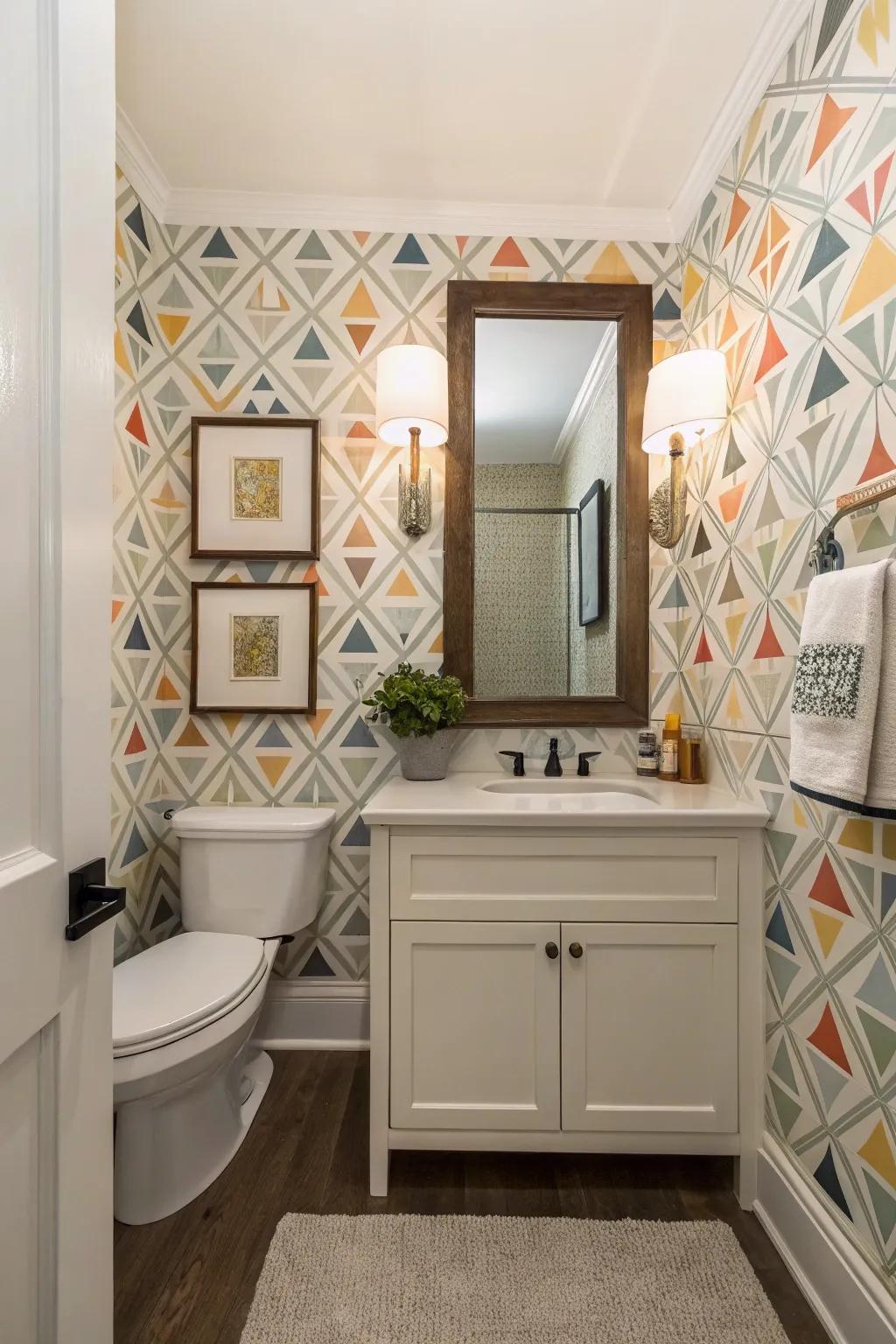 Geometric patterns create a playful yet stylish ambiance in your washroom.