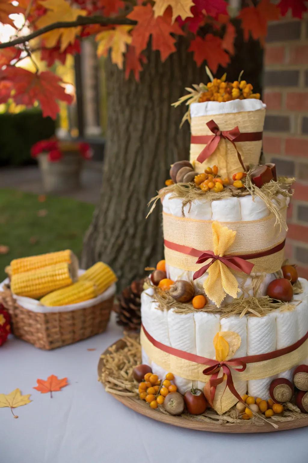 An autumn harvest diaper cake brings warmth and festivity to your celebration.