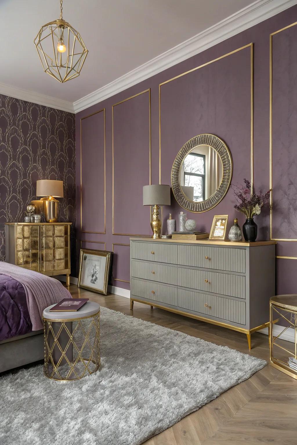 Purple walls balanced with gold and gray accents.