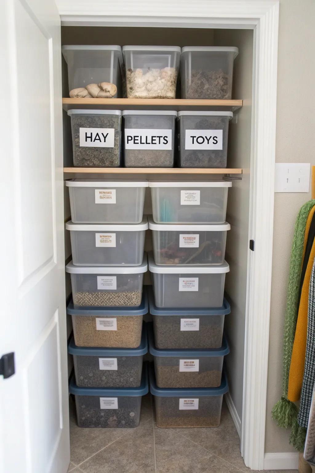 Stacked storage containers labeled for easy arrangement of bunny items.