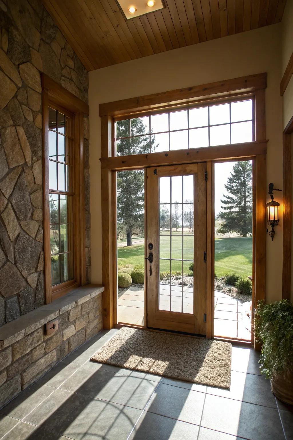 A decorative door with glass panels adds elegance and light to the entryway.