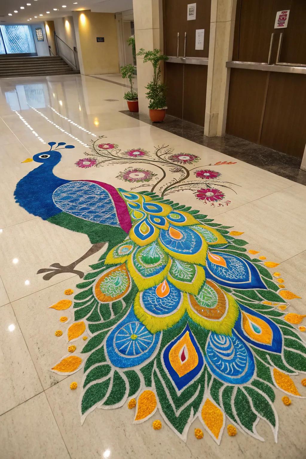 The majestic peacock motif steals the show in this exquisite rangoli.