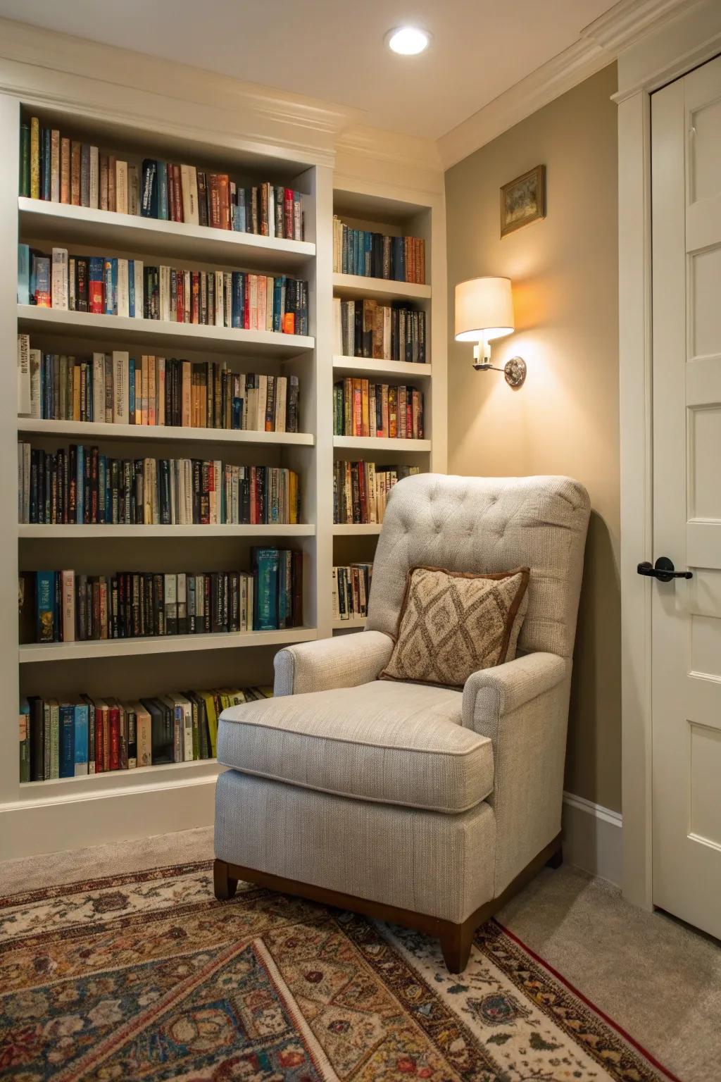 Bookshelves create a personal library feel in your reading nook.