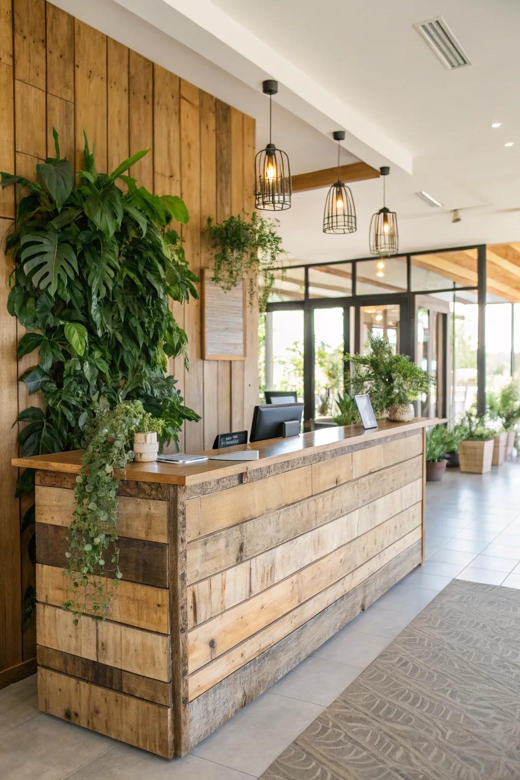 An inviting reception desk enhanced with organic materials.