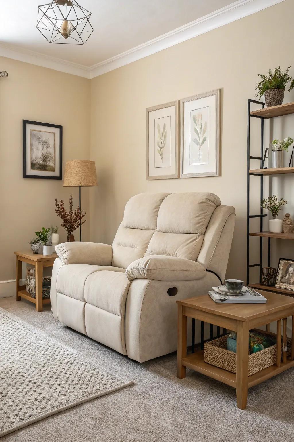 A serene living room with a neutral-toned recliner sofa that blends effortlessly with the decor.