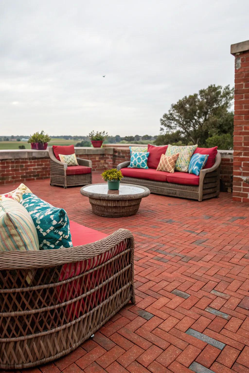 Comfortable seating arrangements on a red brick patio