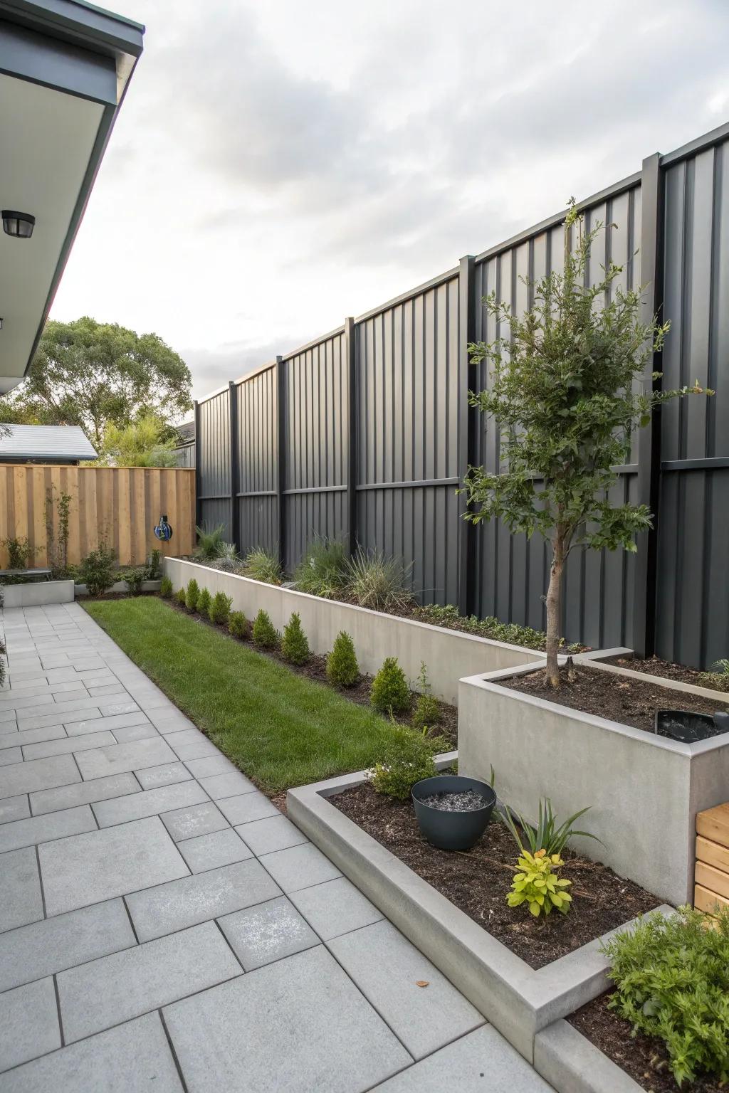 Contemporary metal panel fencing in a minimalist garden.