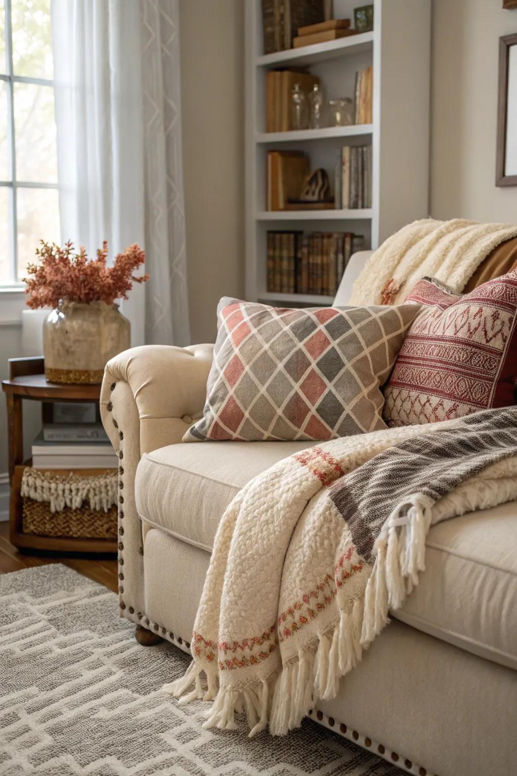 A cozy corner filled with layered textures and soft cushions.