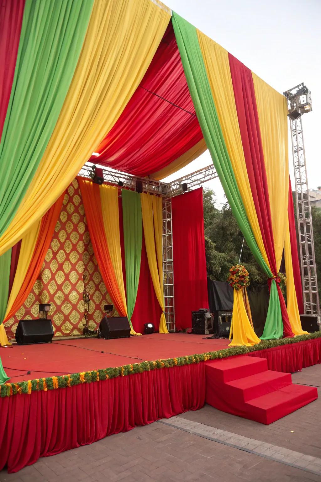 A vibrant backdrop with colorful fabric drapes.