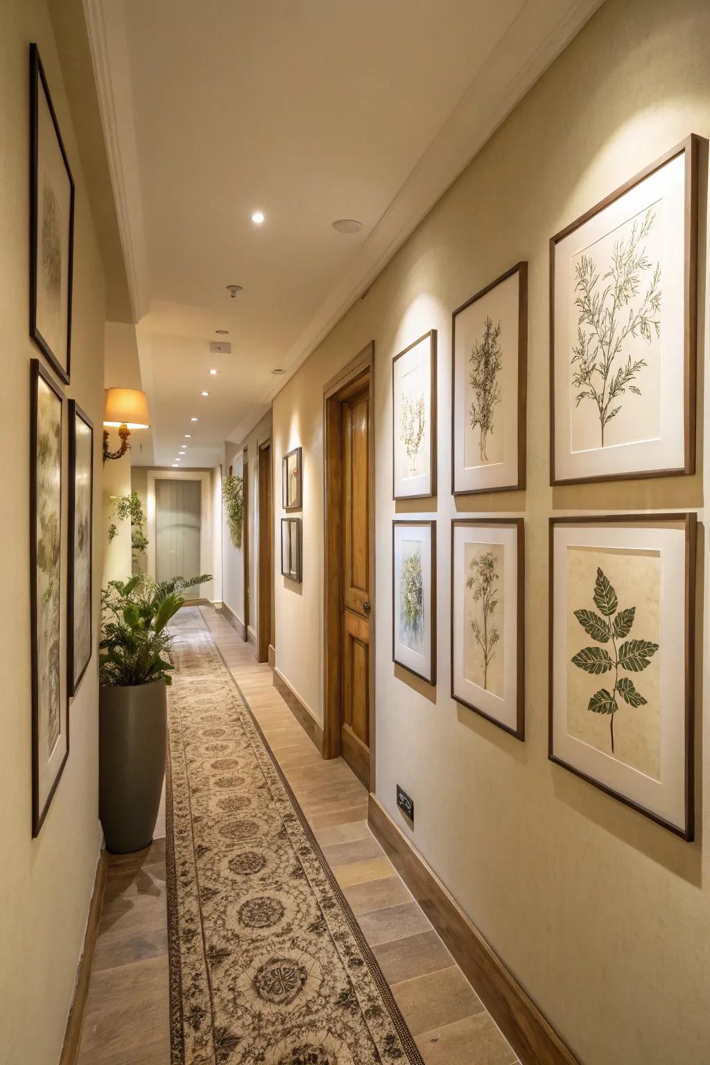 A hallway featuring a gallery wall of simple plant-based artwork and muted decor