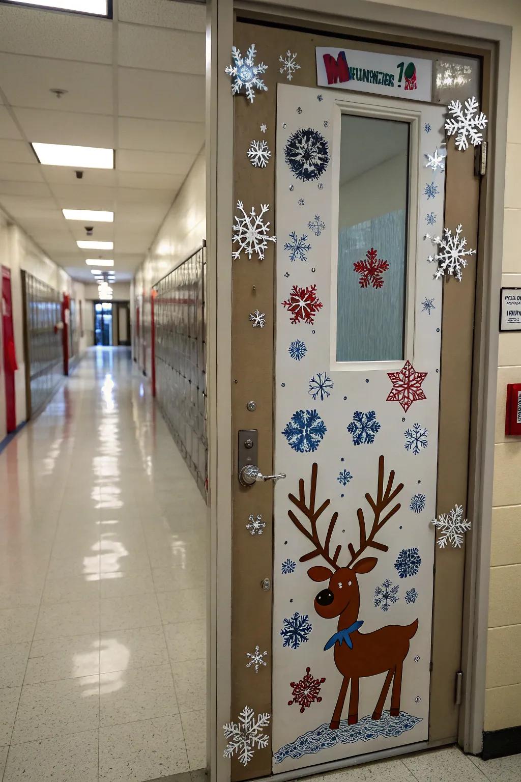 A wintry 'Reindeer Hospital' theme adorning the school nurse's door.