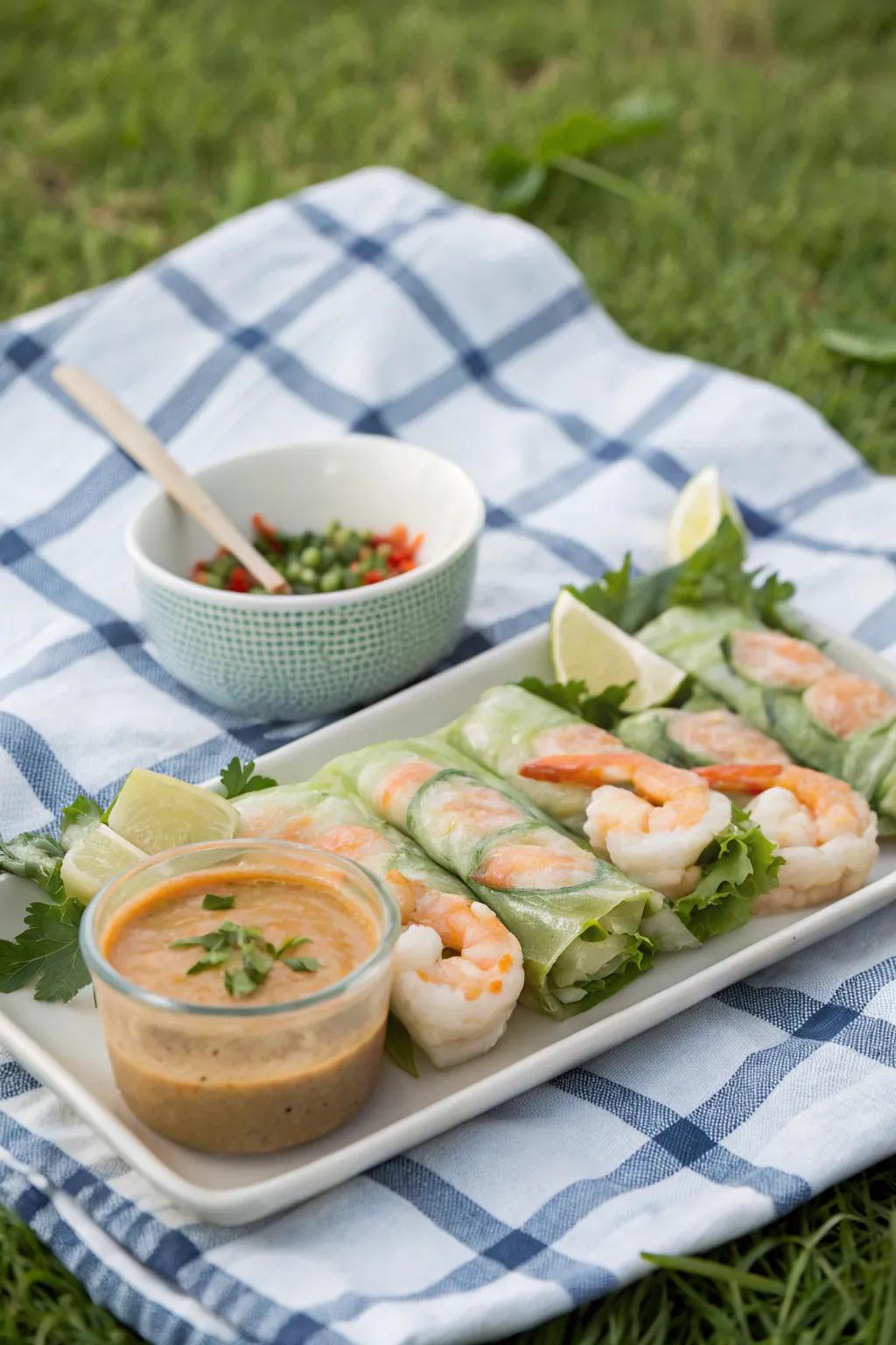 Fresh shrimp summer rolls, perfect for a light and satisfying picnic snack.