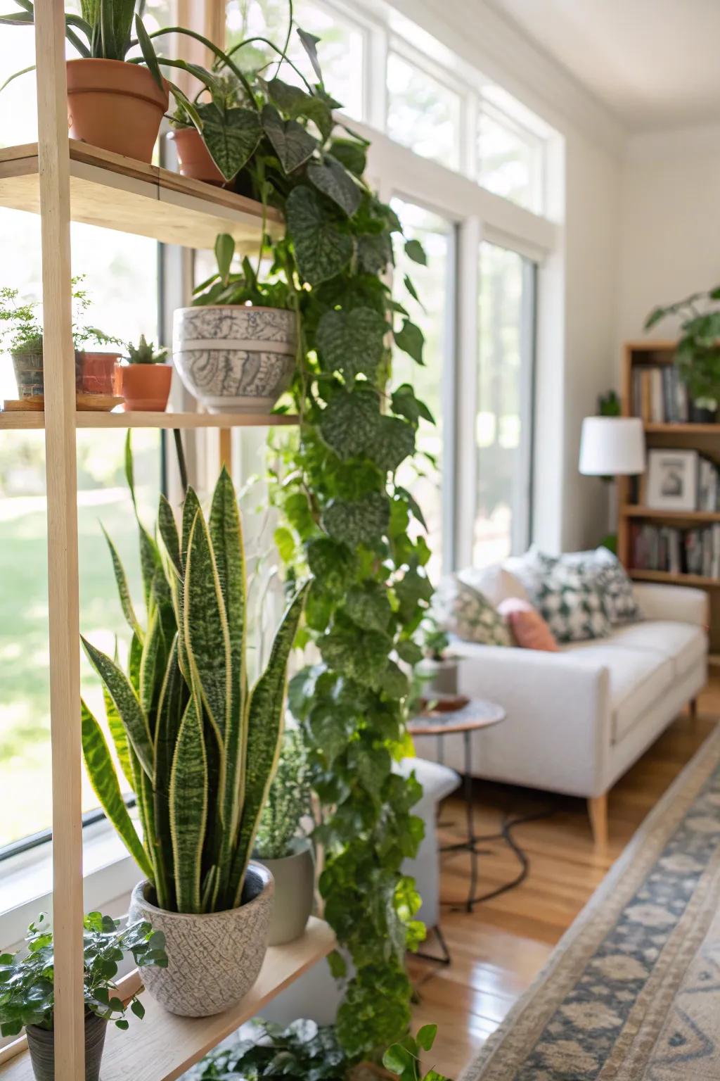 Shelves adorned with indoor plants, bringing nature indoors.