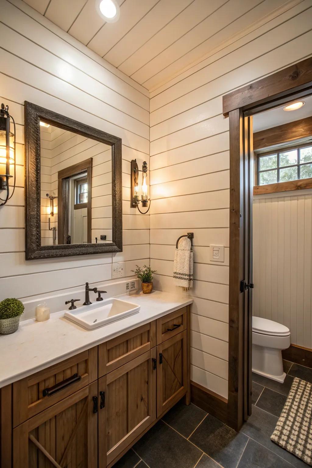 An inviting bathroom featuring vertical board and batten walls that accentuate height.