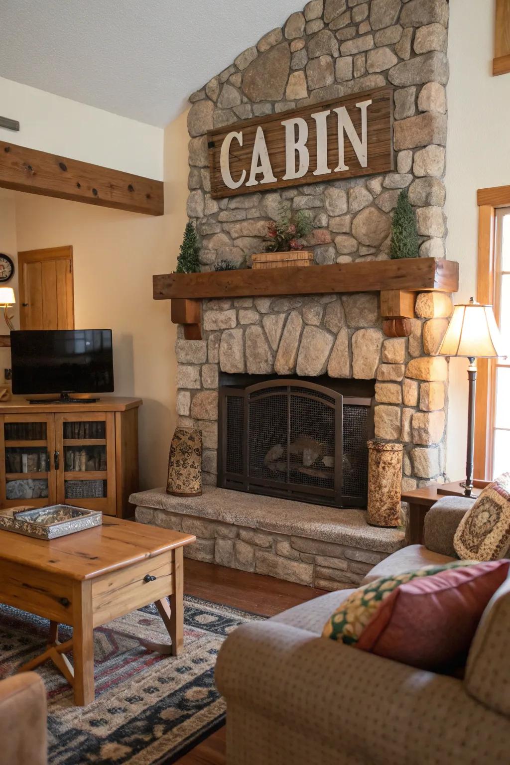 A living room featuring a rustic wood cabin sign above a stone fireplace.