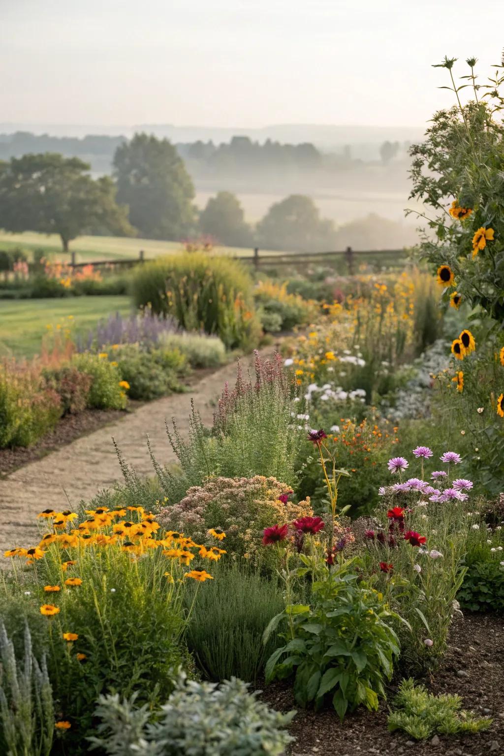 A naturalistic garden with wildflowers blending with cultivated plants.