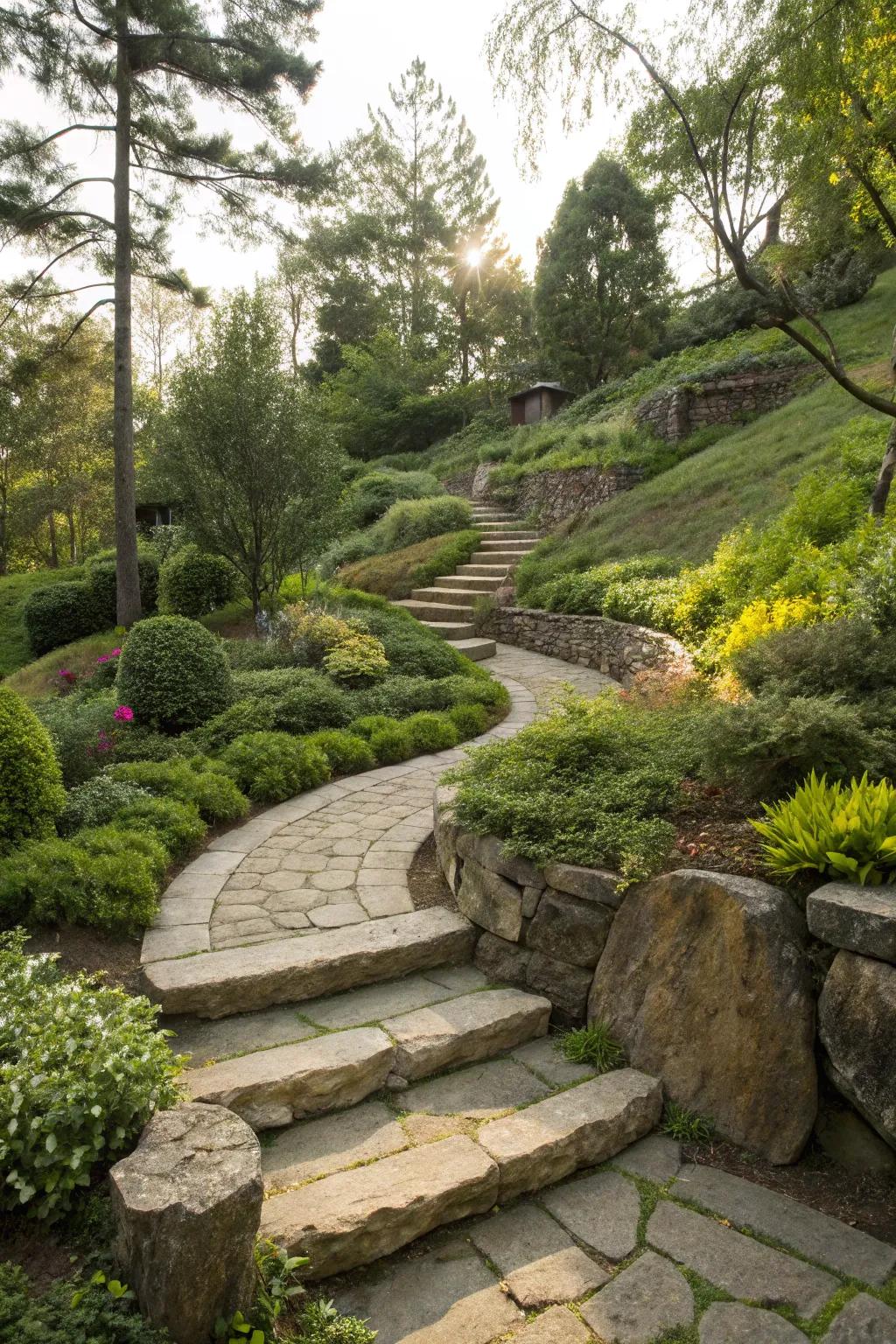 Stone pathways elegantly weave through this lush sloped garden.