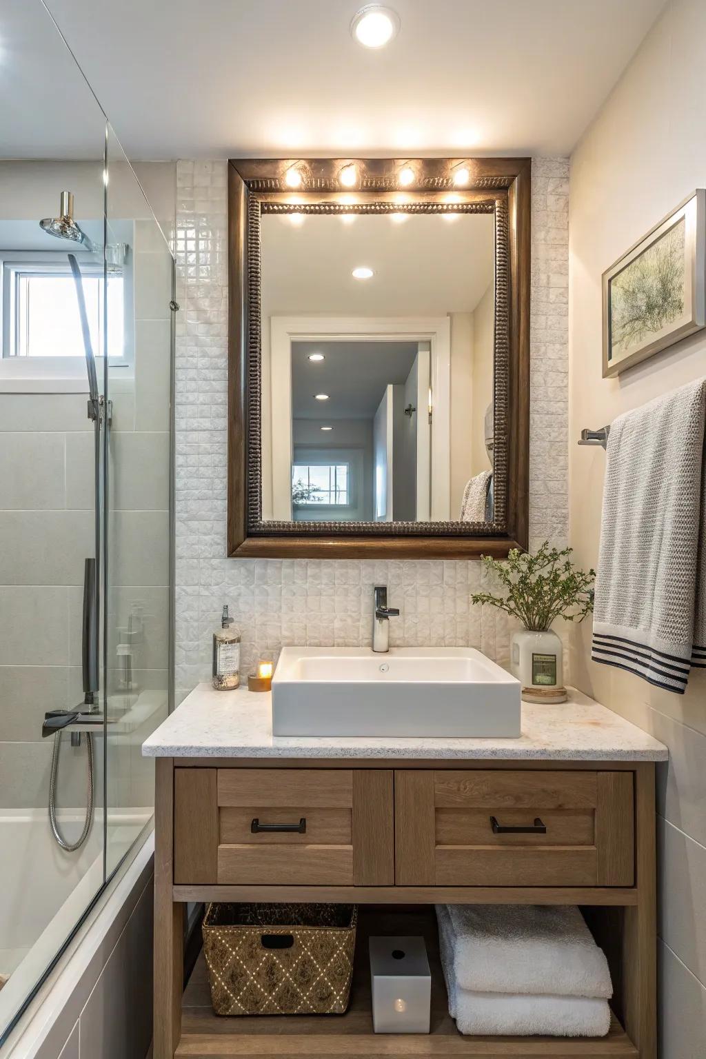 Mirrors above backsplashes create an illusion of space.