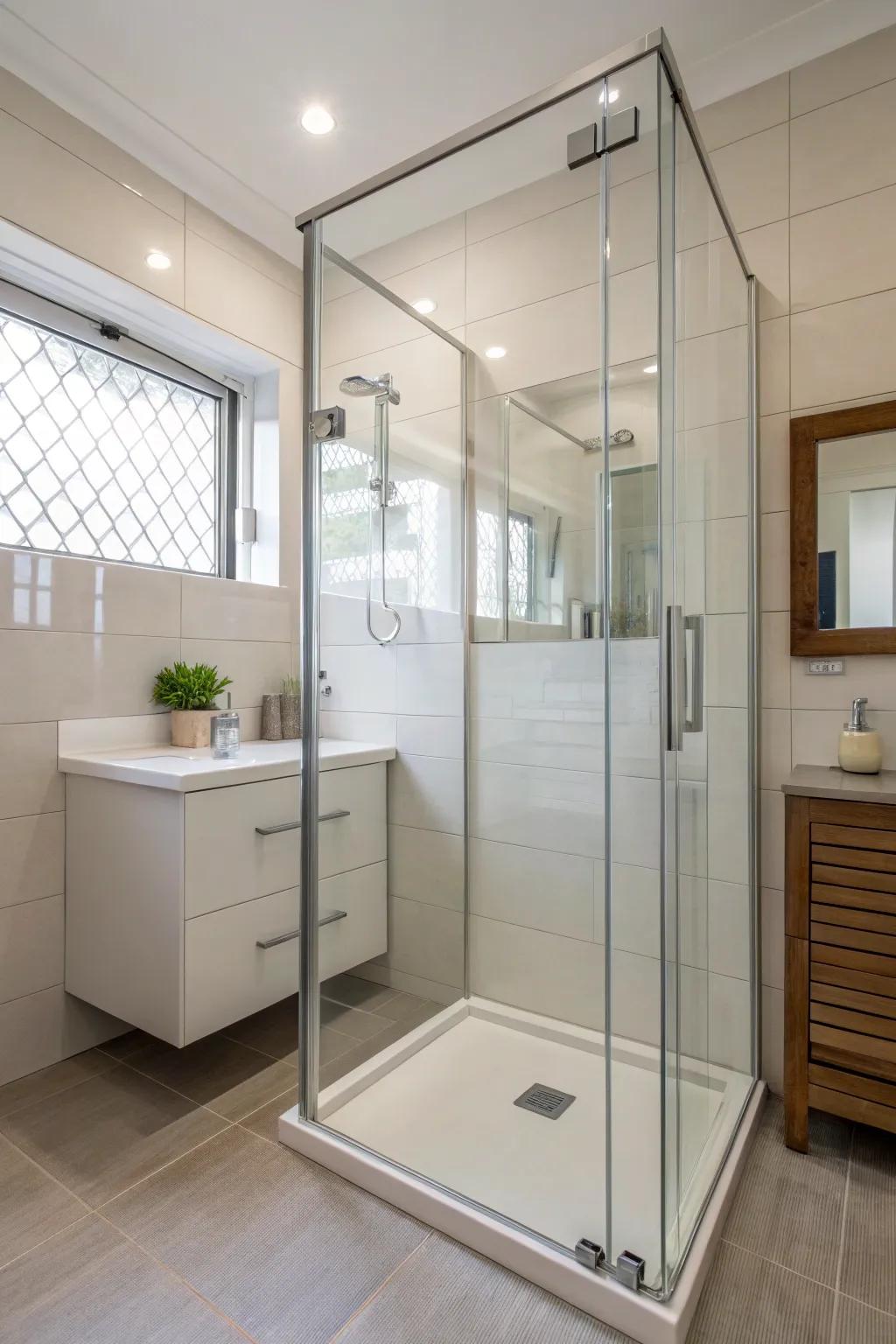 Frameless glass panels visually expand the space.