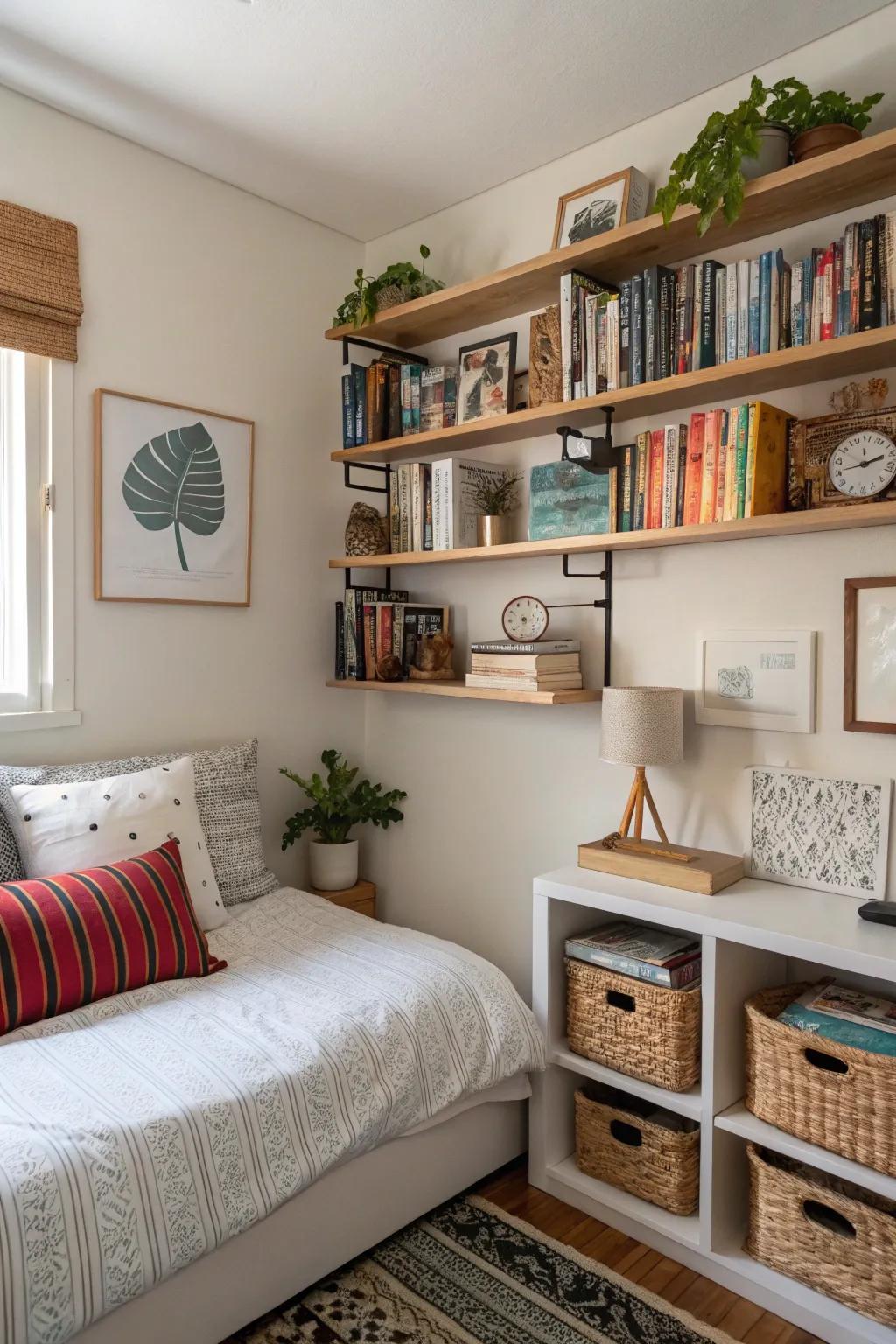 Wall-mounted shelves maximize space and style.