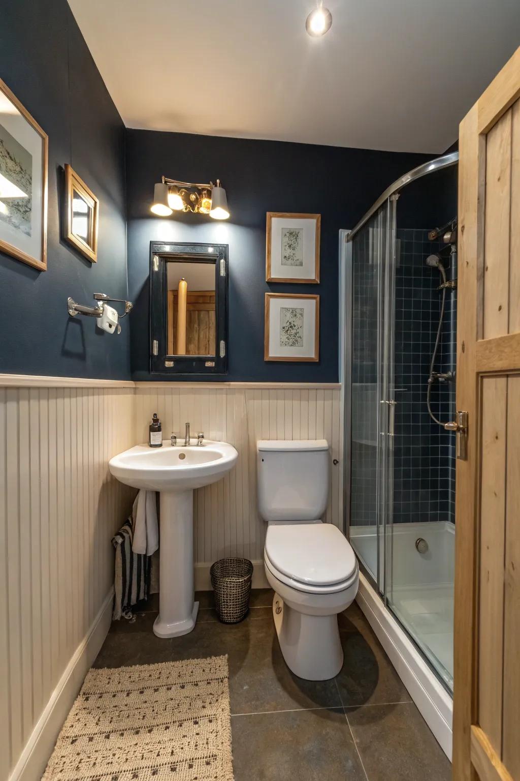 Dark blue walls provide a rich backdrop that elevates the bathroom's style.