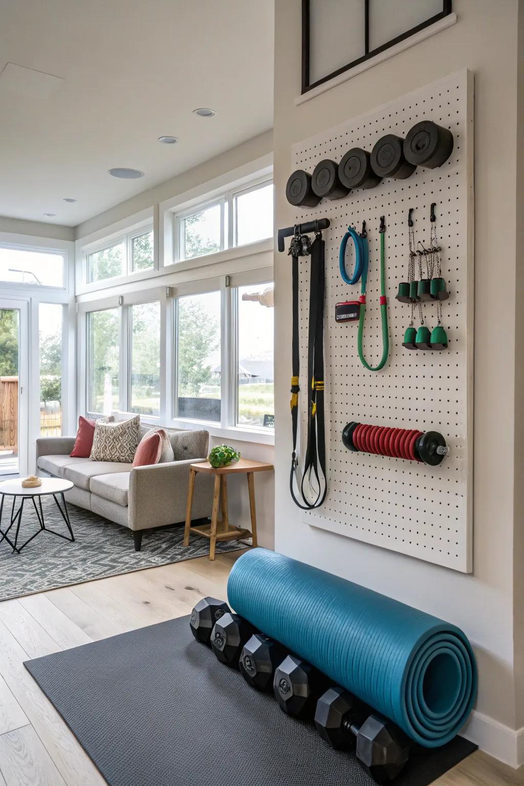 Wall-mounted pegboards provide a neat and efficient storage solution.