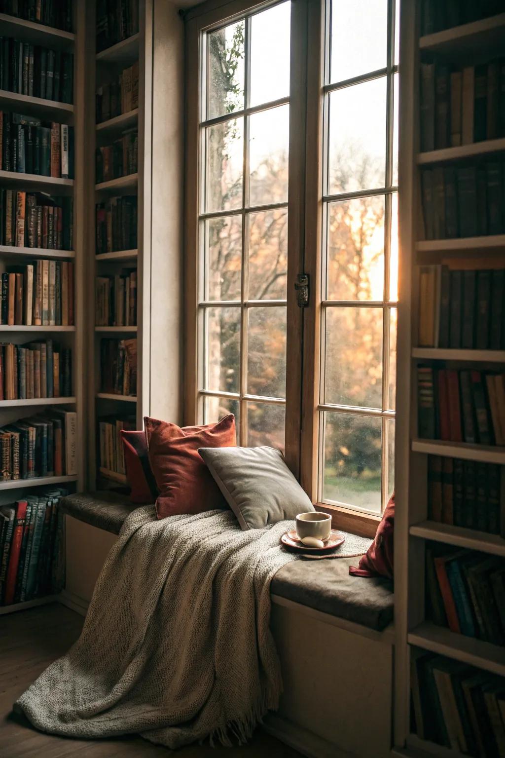 A window seat creates a cozy reading nook with natural light.